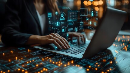 Person typing on laptop with futuristic interface overlayed