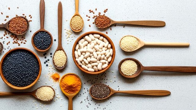 Assorted grains and spices arranged on a light surface with wooden spoons