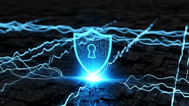 Digital shield symbolizing cybersecurity amidst electric waves on dark ground