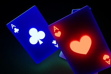 Glowing casino cards game on dark black background - 3d render. Flying cards for online casinos and mobile gambling applications, poker - winner, wealth concept