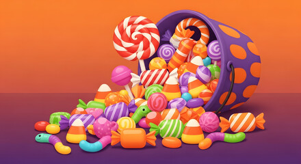 Festive Halloween candy overflowing from a polka dot bucket against a vibrant orange backdrop brings sweet holiday cheer, ideal for party invitations and seasonal promotions