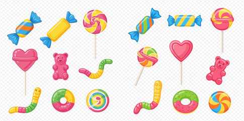 A collection of colorful candies, including lollipops, gummy bears, and wrapped sweets, arranged on a transparent background.