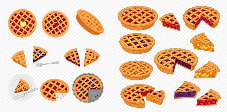 A collection of colorful pie illustrations, whole and sliced, with lattice crusts.
