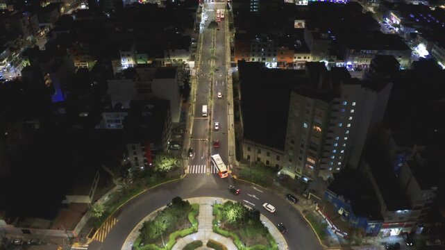 Night aerial view of a busy roundabout and avenue in the magdalena district of lima, peru