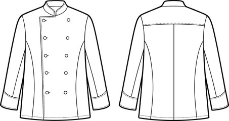 Chef jacket technical flat, front and back view, double breasted uniform design, culinary garment illustration, professional kitchen apparel construction drawing