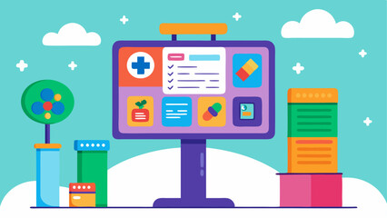 A colorful information board displaying the clinics services hours and health tips. A hand sanitizer station is also visible.