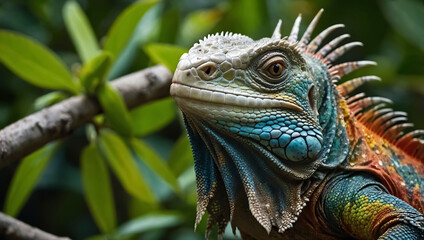 Fototapeta premium A large, brightly colored iguana is on a leafy tree branch in a closeup photo.