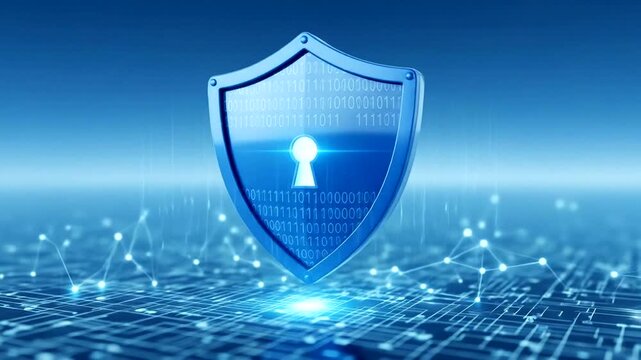 Digital shield symbolizing cybersecurity in a futuristic setting