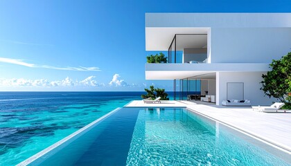 Luxury Living by the Sea: A modern, sleek house with an infinity pool merges seamlessly with the endless blue of the sea, offering a serene escape.