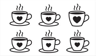 Obraz premium Black and White Coffee Mug Vector Collection — Minimal Steaming Cup Designs with Love Theme for Café Art and Branding
