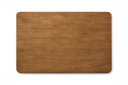 Wooden cutting board with natural grain texture and rounded corners on transparent background