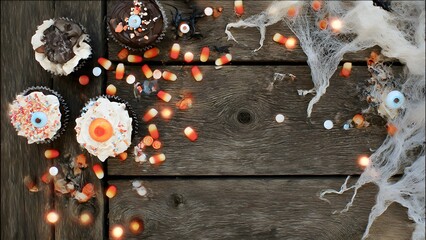 Spooky Halloween cupcakes with candy corn and spiderwebs create a festive, eerie atmosphere for holiday celebrations and themed party invitations