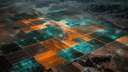 Aerial smart-farming network — teal & cyan neon overlays for agriculture monitoring, IoT dashboards and presentation backgrounds