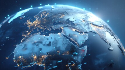 Detailed view of Earth from space showcasing illuminated continents and oceanic regions with focus on Europe, the Middle East, and surrounding areas at night