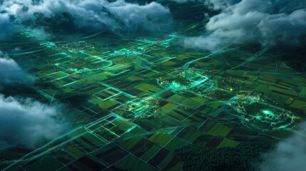 Aerial smart-farming network — teal & cyan neon overlays for agriculture monitoring, IoT dashboards and presentation backgrounds