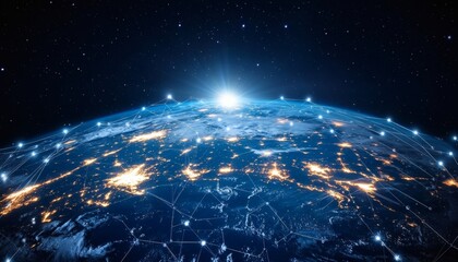 The illustration shows the Earth from space at night, with illuminated cities and glowing lines representing global network connections.