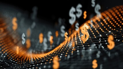 Abstract representation of digital currency flow with dollar signs and glowing lines on a dark background for financial technology and investment themes