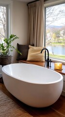 Fototapeta premium Elegant white bathtub with serene waterfront view and natural light illuminating a cozy indoor space