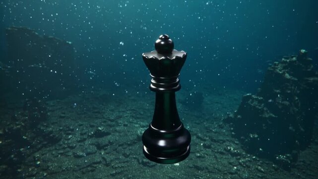 Chess Queen Sinking into the Deep Ocean Underwater. The transition from sunny sky to the murky depths symbolizes being overwhelmed, hidden problems, or a gradual but inevitable defeat