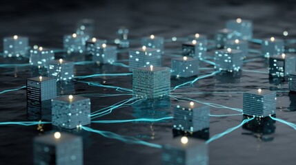 Futuristic digital cityscape with glowing cubes connected by lines representing data flow in a virtual network environment