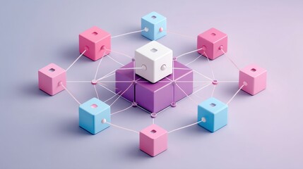 Abstract representation of network connections with colorful cubes illustrating data sharing and technology in a digital landscape