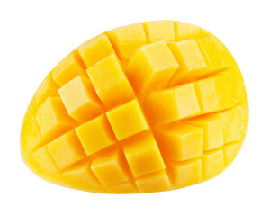large slice of mango in turn cut into square pieces isolated on white