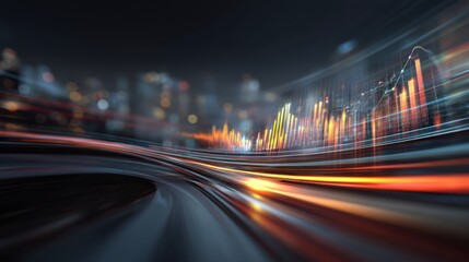 Dynamic Motion of Financial Data Visualization Over Urban Cityscape at Night with Colorful Lights and Blurred Lines Representing Growth and Innovation