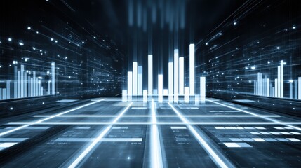 Abstract digital data visualization with glowing bars, lines, and geometric shapes representing complex information and analytics in a futuristic environment