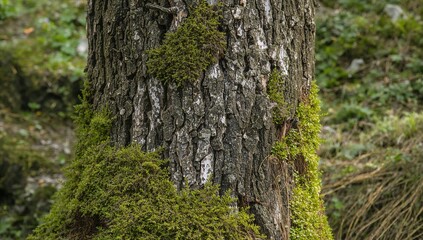 Obraz premium Detailed view of a pine tree trunk adorned with green epiphytes in a natural setting