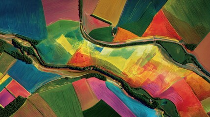 Abstract multicolor aerial patchwork — green, yellow & magenta for presentation backgrounds, posters and wallpapers