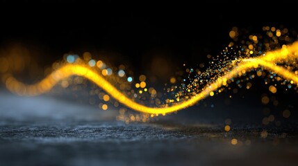 Abstract golden wave with sparkling particles on dark background, illustrating elegance, beauty, and mesmerizing movement of light in an artistic composition