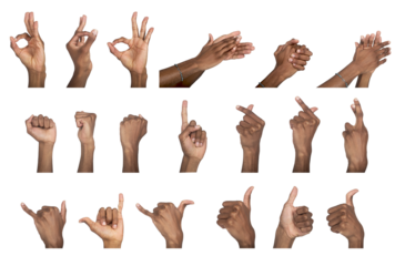 Hand gesture collection with thumb up, fist, and shaka signs. Black skin male making positive and
