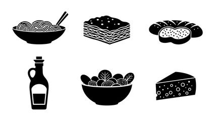 Clean Vector Black Silhouette Food Icons Collection on White Background