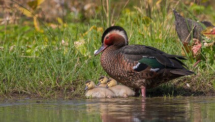 A mother Muscovy duck with her two-day-old ducklings