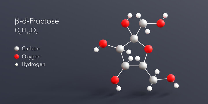 beta-d-fructose molecule 3d rendering, flat molecular structure with chemical formula and atoms color coding