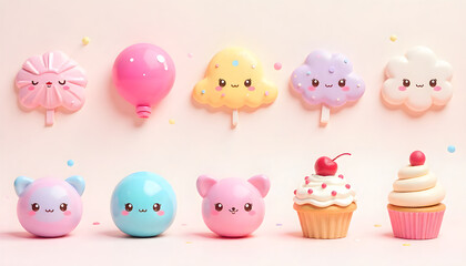 Sweet Surprises: A whimsical assortment of charming, smiling sweets, from adorable cupcakes to delightful candies, arranged in a cheerful row to sweeten your day.