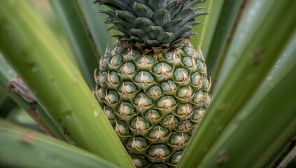 Obraz premium Close-up shot of a fresh, organic pineapple hanging on the plant. Ideal for vector illustrations featuring pineapple motifs and nutritional content.