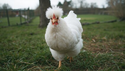 Fototapeta premium Elegant white hen strolling through the farmyard