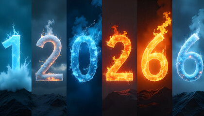 Elemental Numeric Fusion: A mesmerizing visual display of numerical digits, each animated with a distinct elemental essence. A fusion of ice, fire.