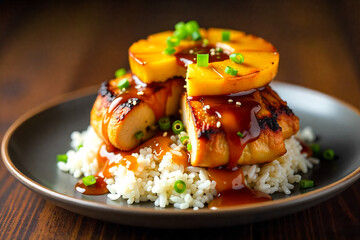 Delicious Grilled Chicken Teriyaki With Pineapple Rings And White Rice Served On A Dark Plate