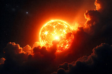 Fiery Sun Glowing Intensely Amidst Dramatic Cosmic Clouds And Distant Stars In The Vastness Of Space