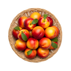 Freshly picked nectarines in a woven basket, a delightful summer treat, perfect for healthy eating and vibrant recipes, ideal for food blogs and culinary projects.