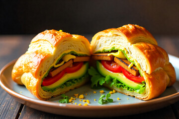 Deliciously Fresh Croissant Sandwich Filled With Lettuce Tomato Avocado And Meat Slices Cut In Half