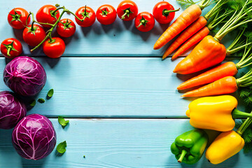 Vibrant Assortment Of Fresh Garden Vegetables Arranged On A Rustic Blue Wooden Surface