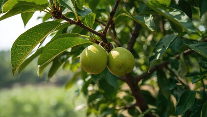 Fruit-bearing tree branch with a pair of ripe guavas hanging