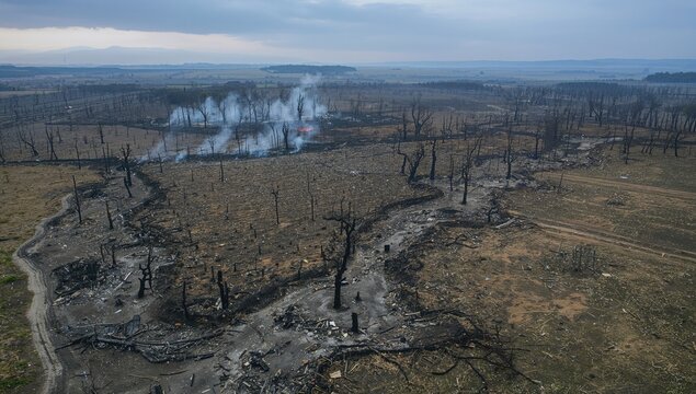 Bird's-eye view of a scorched landscape. Flames have devastated farmland and woodlands. Area affected by a natural disaster.