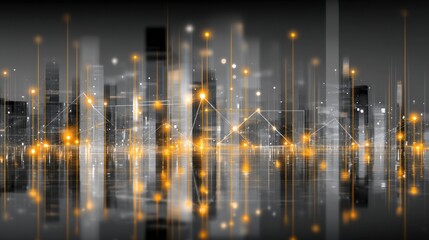Futuristic city skyline with glowing data visualization overlay representing technology, innovation, network, and modern architecture in a digital landscape.