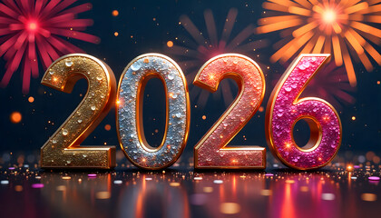 New Year's Eve 2026: Sparkling digits of the new year gleam, fireworks erupt in celebration, creating an atmosphere of anticipation and renewal.