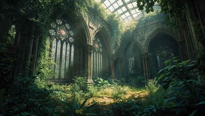 An enchanting indoor garden housed within a majestic building featuring arches and large colorful glass panes. Unusual chambers embraced by lush greenery. Imaginative architectural interior and
