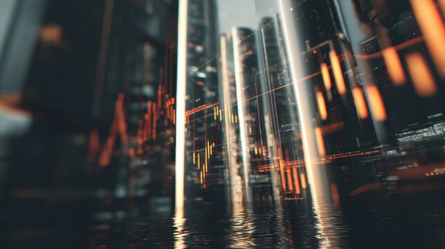 Abstract futuristic cityscape with glowing data visualizations and reflections on water surface creating a stunning modern digital atmosphere - Powered by Adobe